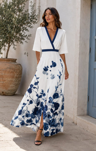 Floral Maxi Dress V-Neck Wrap Style Elbow Sleeve Lightweight Fabric With Front Slit Detail