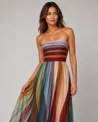 Strapless Maxi Dress for Women with Pleated Skirt Full-Length Elegant A-Line Summer Style