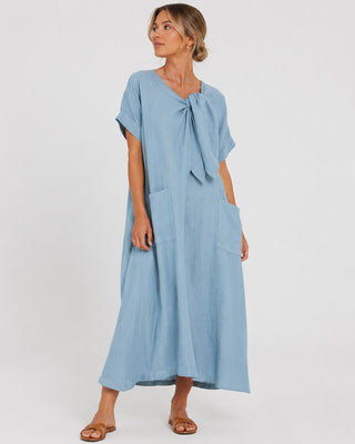 Loose Maxi Dress for Women with Tie Neck Detail Short Sleeves and Front Pockets in Soft Fabric