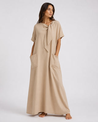 Loose Maxi Dress for Women with Tie Neck Detail Short Sleeves and Front Pockets in Soft Fabric