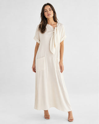 Loose Maxi Dress for Women with Tie Neck Detail Short Sleeves and Front Pockets in Soft Fabric