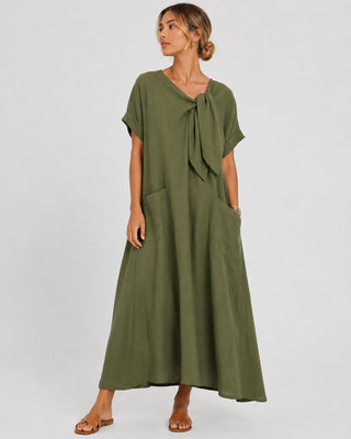 Loose Maxi Dress for Women with Tie Neck Detail Short Sleeves and Front Pockets in Soft Fabric