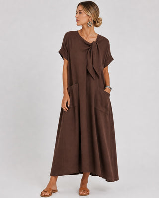 Loose Maxi Dress for Women with Tie Neck Detail Short Sleeves and Front Pockets in Soft Fabric