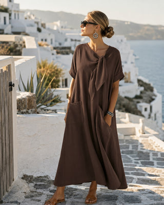 Loose Maxi Dress for Women with Tie Neck Detail Short Sleeves and Front Pockets in Soft Fabric