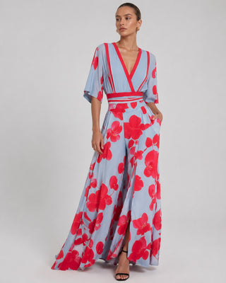 Floral Wrap Maxi Dress for Women with Deep V Neckline and Flutter Sleeves in Dusty Blue