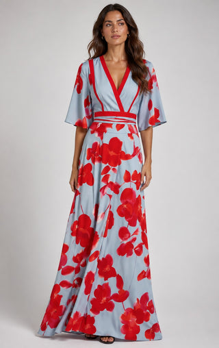 Floral Wrap Maxi Dress for Women with Deep V Neckline and Flutter Sleeves in Dusty Blue