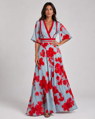 Floral Wrap Maxi Dress for Women with Deep V Neckline and Flutter Sleeves in Dusty Blue
