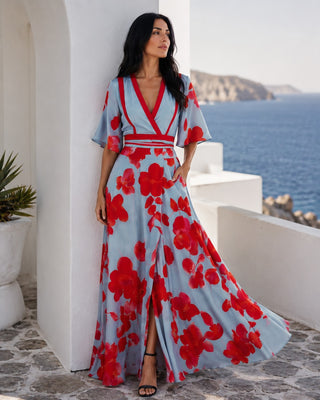 Floral Wrap Maxi Dress for Women with Deep V Neckline and Flutter Sleeves in Dusty Blue