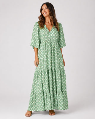 Women's Patterned Maxi Dress V-Neck Long Sleeve Loose Fit with Slit Hem for Spring Fashion