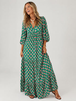Women's Patterned Maxi Dress V-Neck Long Sleeve Loose Fit with Slit Hem for Spring Fashion