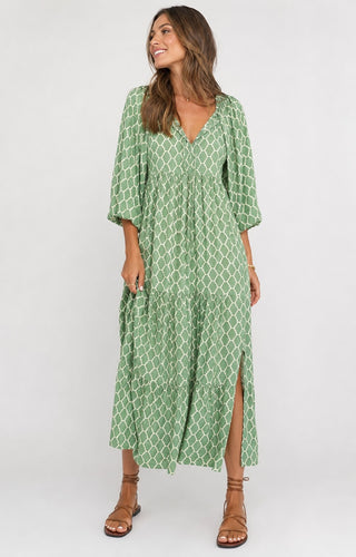 Women's Patterned Maxi Dress V-Neck Long Sleeve Loose Fit with Slit Hem for Spring Fashion