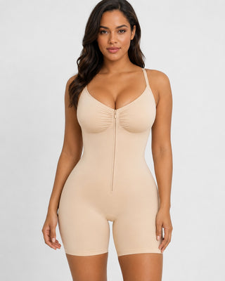 Seamless Women's Bodysuit High Compression Tummy Control Zip Front Shapewear in High-Tension Yarn