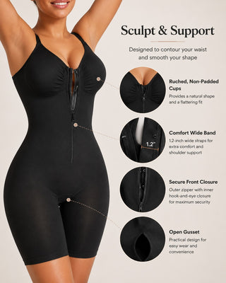 Seamless Women's Bodysuit High Compression Tummy Control Zip Front Shapewear in High-Tension Yarn