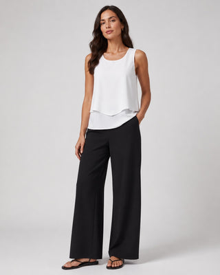 Casual Leaf Print Women's Pants Set with Sleeveless Layered Top and Wide-Leg Trousers