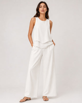 Casual Leaf Print Women's Pants Set with Sleeveless Layered Top and Wide-Leg Trousers