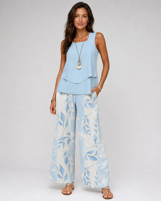 Casual Leaf Print Women's Pants Set with Sleeveless Layered Top and Wide-Leg Trousers