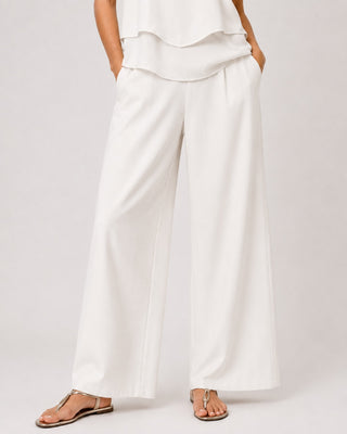 Casual Leaf Print Women's Pants Set with Sleeveless Layered Top and Wide-Leg Trousers