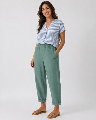 White Linen Pants Women Straight Leg with Rolled Cuffs and Side Pockets for Everyday Casual Wear
