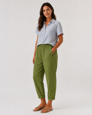 White Linen Pants Women Straight Leg with Rolled Cuffs and Side Pockets for Everyday Casual Wear