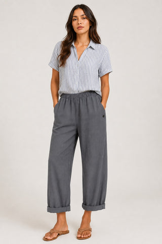 White Linen Pants Women Straight Leg with Rolled Cuffs and Side Pockets for Everyday Casual Wear