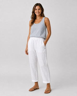 White Linen Pants Women Straight Leg with Rolled Cuffs and Side Pockets for Everyday Casual Wear