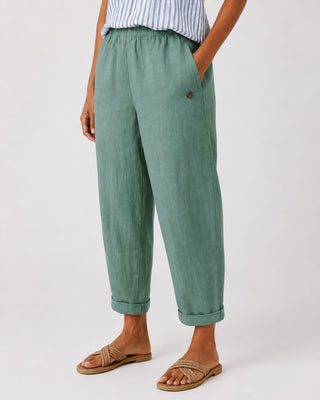 White Linen Pants Women Straight Leg with Rolled Cuffs and Side Pockets for Everyday Casual Wear
