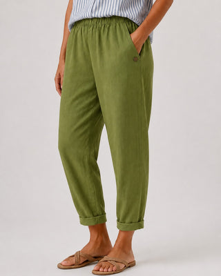 White Linen Pants Women Straight Leg with Rolled Cuffs and Side Pockets for Everyday Casual Wear