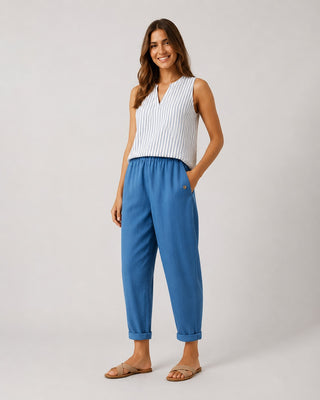 White Linen Pants Women Straight Leg with Rolled Cuffs and Side Pockets for Everyday Casual Wear