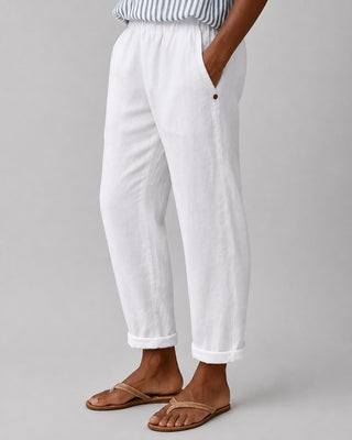 White Linen Pants Women Straight Leg with Rolled Cuffs and Side Pockets for Everyday Casual Wear
