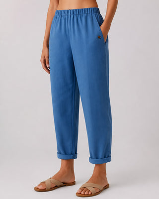 White Linen Pants Women Straight Leg with Rolled Cuffs and Side Pockets for Everyday Casual Wear
