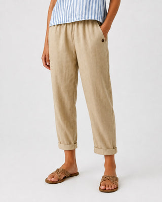 White Linen Pants Women Straight Leg with Rolled Cuffs and Side Pockets for Everyday Casual Wear