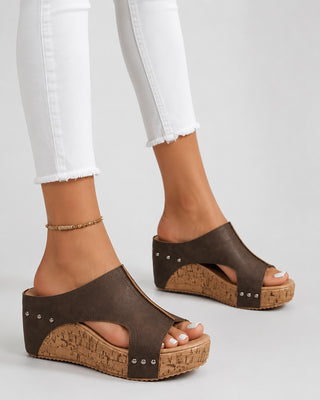 Open Toe Platform Wedge Sandals for Women with Cork Wrapped Heel and Studded Accents