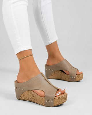Open Toe Platform Wedge Sandals for Women with Cork Wrapped Heel and Studded Accents