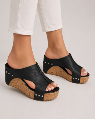 Open Toe Platform Wedge Sandals for Women with Cork Wrapped Heel and Studded Accents