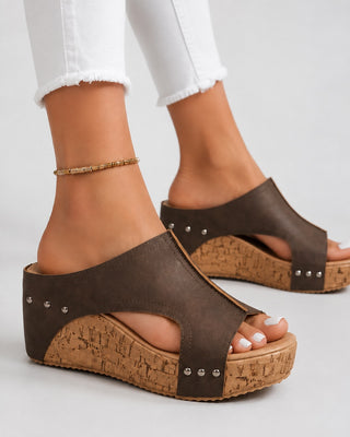 Open Toe Platform Wedge Sandals for Women with Cork Wrapped Heel and Studded Accents