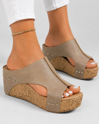 Open Toe Platform Wedge Sandals for Women with Cork Wrapped Heel and Studded Accents