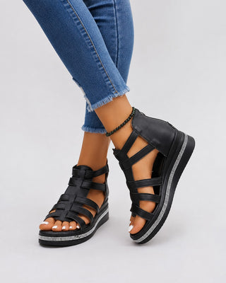 Women's Strappy Platform Sandals with Chunky Sole and Rhinestone Accent for Casual Wear