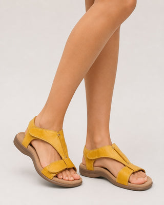 Modern Open Toe Women's Sandals T-Strap Design Leather Upper Curved Footbed Casual Style