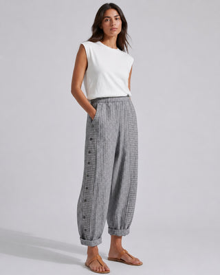 Modern Women's Trousers Cropped Straight-Leg Lightweight Fabric with Button Detail and Cuffed Hem