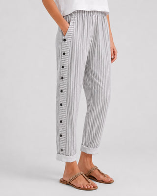 Modern Striped Wide Leg Pants Women Button Front Comfortable Fabric Flowy Design Casual Wear