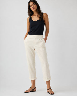 White Linen Pants Women Tapered Cropped Cuffed Hem Breathable Fabric for Warm Weather