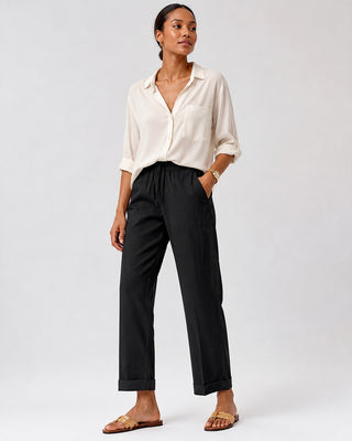 White Linen Pants Women Tapered Cropped Cuffed Hem Breathable Fabric for Warm Weather