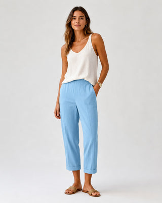White Linen Pants Women Tapered Cropped Cuffed Hem Breathable Fabric for Warm Weather