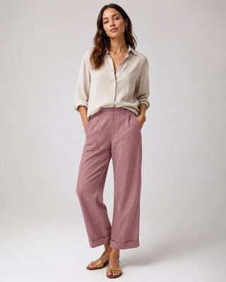 White Linen Pants Women Tapered Cropped Cuffed Hem Breathable Fabric for Warm Weather
