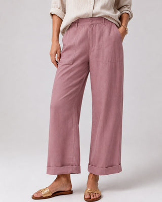 White Linen Pants Women Tapered Cropped Cuffed Hem Breathable Fabric for Warm Weather
