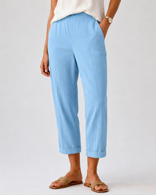 White Linen Pants Women Tapered Cropped Cuffed Hem Breathable Fabric for Warm Weather