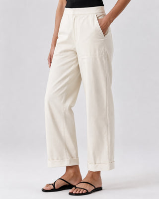 White Linen Pants Women Tapered Cropped Cuffed Hem Breathable Fabric for Warm Weather