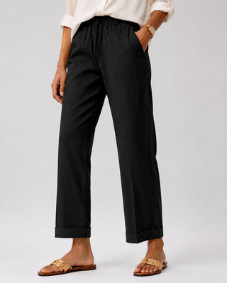 White Linen Pants Women Tapered Cropped Cuffed Hem Breathable Fabric for Warm Weather