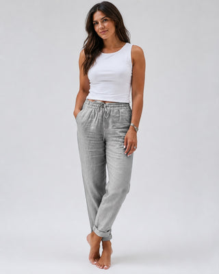 White Linen Pants Women Straight Leg Drawstring Waist Lightweight Casual Trousers