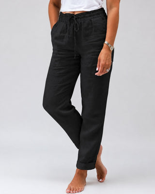 White Linen Pants Women Straight Leg Drawstring Waist Lightweight Casual Trousers